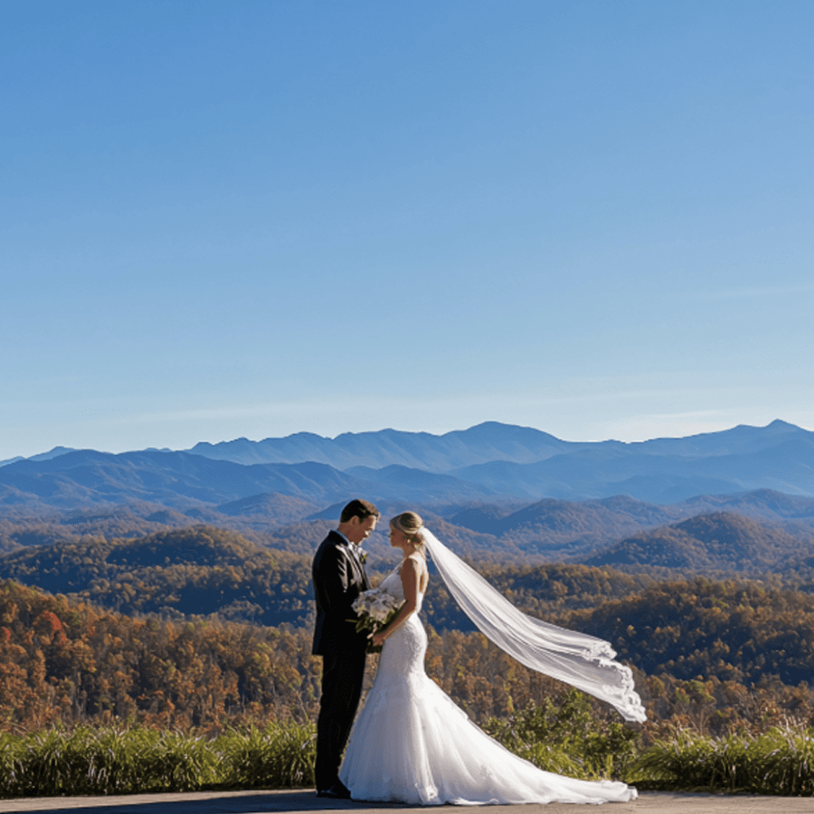 A bride and groom stand together on a scenic overlook with mountains in the background.